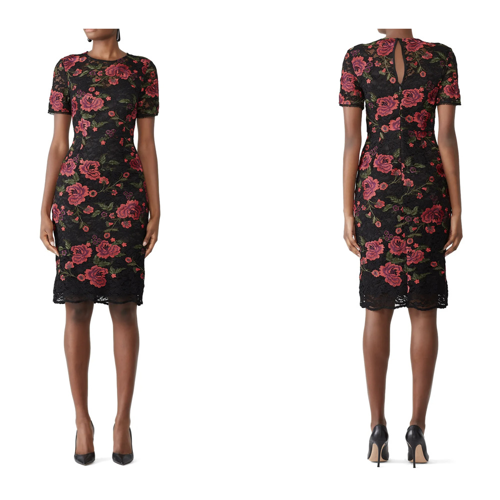 Trina Turk Black Floral Embroidered Lace Short Sleeve Sheath Dress Size 2 Red